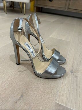 Jimmy Choo Metallic Silver Patent Leather Strappy High Heels